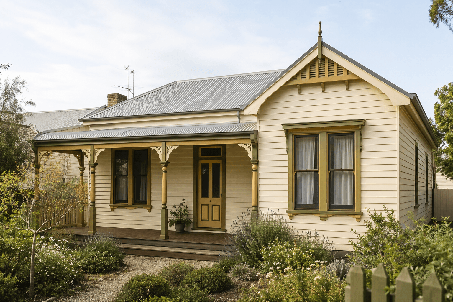 cream Victorian-era Australian house with earthy trim and a cottage garden
